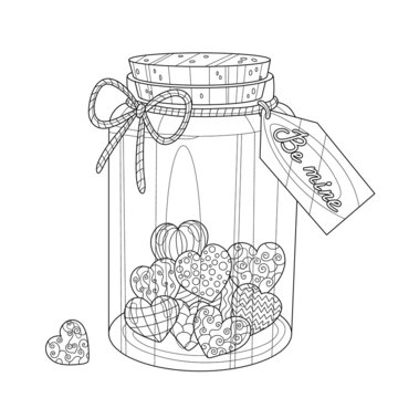 Big jar with hearts and message Be mine as gift for valentine's day. Coloring book page for adult with doodle and zentangle elements. Vector hand drawn isolated.