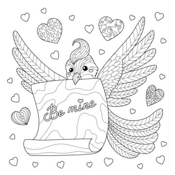 Funny bird with love letter and message Be mine for Valentine's day. Coloring book page for adult with doodle and zentangle elements. Vector hand drawn isolated.