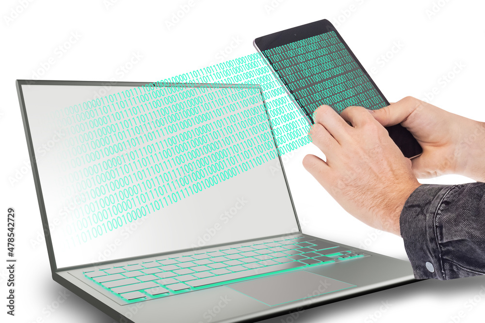 Aufkleber synchronization gadgets concept. laptop and tablet with binary code. transferring data between gadge