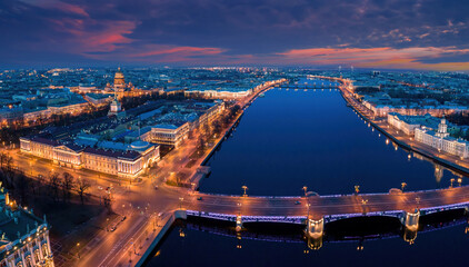 Saint Petersburg evening. Russia night. Lights of night Saint Petersburg. Russian city view from quadcopter. Panorama of Saint Petersburg with bridges. Travel Russia. Evening cityscape