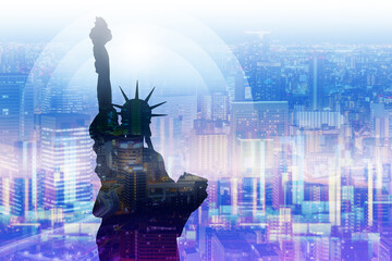USA background. Double Exposure Statue of Liberty. New York Statue of Liberty on background of...
