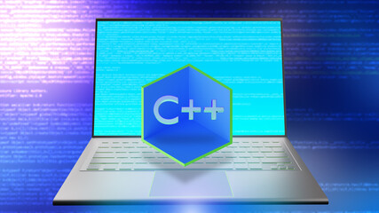 C++ logo. Laptop screen with code and C++ sign. Compiled statistically typed programming language. C plus plus concept documentation and manuals for use. Programming language for web apps. 3d image
