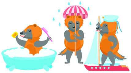 Set Abstract Collection Flat Cartoon Different Animal Wolverines Washes In The Bath, With An Umbrella In The Rain, Sailing On A Ship Vector Design Style Elements Fauna Wildlife