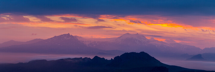 Purple sunset at the mountains. Twilight. Panoramic landscape. - obrazy, fototapety, plakaty