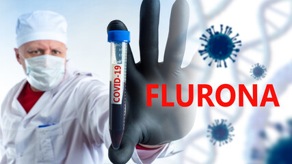 Flurona Covid-19 blood. Doctor shows test tube with Coronavirus. Disease pandemic. Diagnosing...