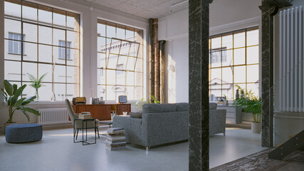 Moderne industrial vintage retro Loft apartment in downtown with kitchen, furniture and installation details