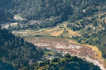 Fototapeta na wymiar Twists and turns of river Tista or Teesta , which flows through sikkim state. Image shot from high viewpoint, Sikkim , India