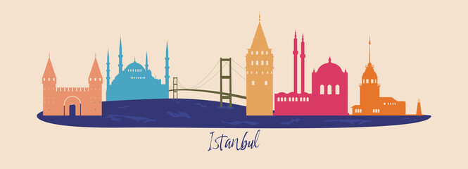 Famous Istanbul landmarks and historical buildings. Panoramic view of Istanbul with Bosporus. Istanbul silhouette. Galata tower, bridge, Topkapi, maiden tower, Blue Mosque, Ortakoy Mosque. Vector