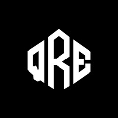 QRE letter logo design with polygon shape. QRE polygon and cube shape logo design. QRE hexagon vector logo template white and black colors. QRE monogram, business and real estate logo.