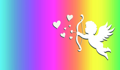 White Cupid silhouette flying and holding arrow. Happy Valentine's day Card. Rainbow gradient.