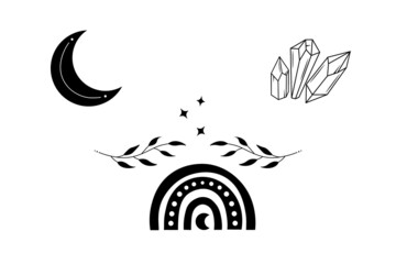 Obraz premium Bohemian decorative elements with crescent moon, crystals, leaves. Mystic vector illustration isolated on white background. Witch art. Floral magic clipart for esoteric logo, tattoo, tarot poster.