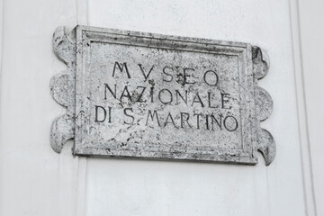 Marble plaque placed at the entrance of the National Museum of San Martino in the Vomero district...