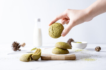 Matcha greentea cookies set on cafe table. - 478547727
