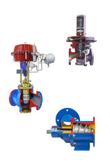 three different samples of small-sized gas equipment with longitudinal and cross sections isolated on white background