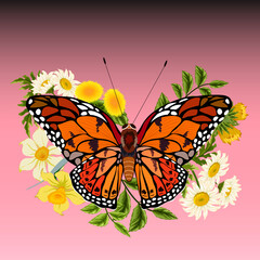 Obraz na płótnie Canvas Beautiful butterfly on flowers.Multicolored beautiful butterfly on a bouquet of flowers in a vector illustration on a colored background.