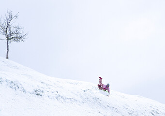 Fototapeta na wymiar A child very quickly slides down a snow-covered mountain on a sled. Winter walk