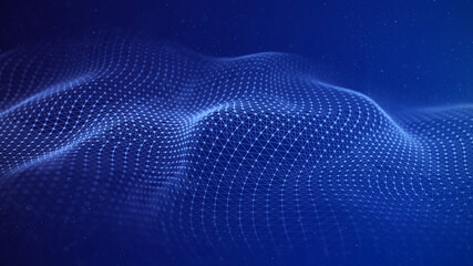 A wave with connecting dots and lines. Futuristic relief on a blue background. Visualization of big data. 3d rendering.
