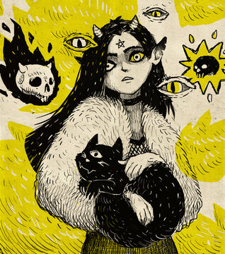 Girl with cat illustration, vintage vibe, good for print, mystical character design