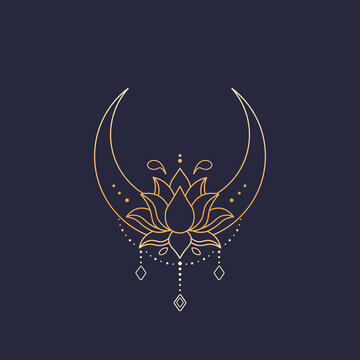 Crescent moon and lotus flower. Vibrant glowing mystic vector illustration on dark background. Celestial line art. Ethnic esoteric elements. Use for astrology, tarot poster, boho t-shirt print, logo.