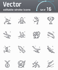 Vector editable stroke winter sports line icon set.