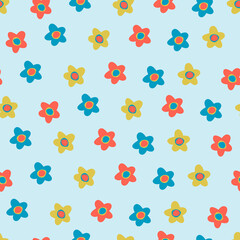 Seamless pattern with small colorful flowers in Ditsy style. Retro 60s, 70s design for gift wrap, textile, home decor