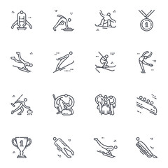 Obraz premium Vector winter sports line icon set. Snowboard, bobsleigh, luge, skeleton and other