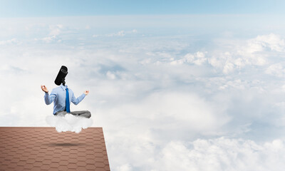 Concept of security and privacy protection with camera headed man meditating