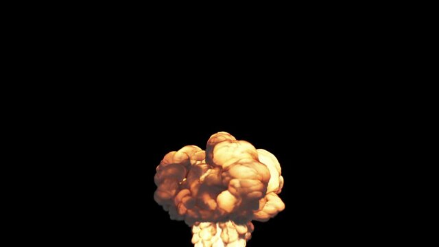 A powerful column of smoke flames soars up against a black background and swirls, emitting a plume of gray smoke. Nuclear explosion.