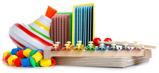 Children's toys and books on white background isolation
