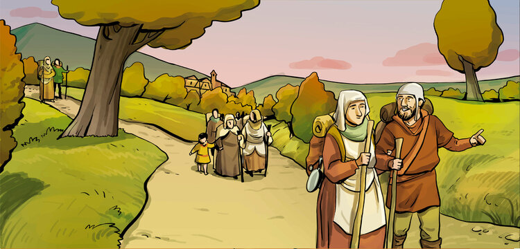 Illustration of peasants on pilgrimage in the middle ages