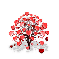 3D illustration of tree with heart-shaped leaves falling on the ground. 3D rendering