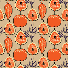 Fig fruits and apple seamless pattern in retro style