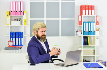 better opportunity. mature male boss. businessman drink morning coffee. serious entrepreneur in...