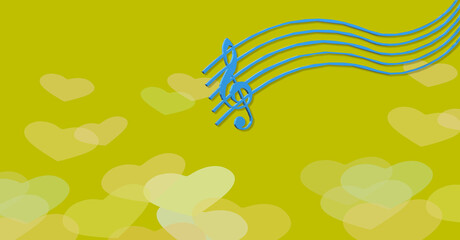 Fototapeta na wymiar Illustration of G-clef. MUSICAL SYMBOL. The five lines of writing on the stave. Graphic design with random hearts background.