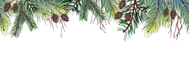 Christmas horizontal border with pine branches and cones. Watercolor illustration on white background.