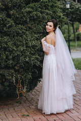 Fototapeta na wymiar A beautiful brunette bride in a white dress stands in nature near a green cypress. Wedding portrait.