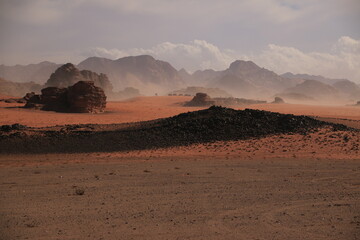 Fototapeta na wymiar Mars-like Landscape in Windy Wadi Rum (Jordan)