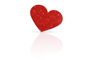 One glittering red heart on a white glossy background. Valentine's Day