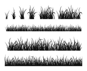 Silhouettes grass. Vector set of grass meadow border, tufts of grass, compact lawns, field isolated on white background. Spring or summer lawn panoramic landscape.Horizontal seamless herbal background