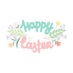 Happy Easter cute background with flowers and lettering. Vector Illustration