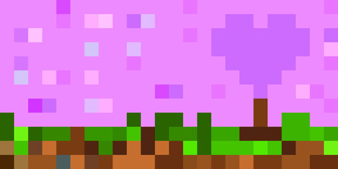 Valentine background  a pink sky and purple heart on earth surface