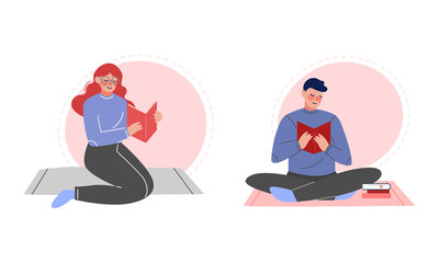 Man and Woman Sitting on Floor and Reading Interesting Book Vector Set
