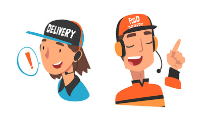 Food Express Delivery Service with Man and Woman Operator in Headset Taking Online Order Vector Set
