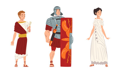 Ancient Roman Soldier or Greek Warrior and Woman in Long Tunic Standing Vector Set - obrazy, fototapety, plakaty