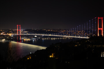 Bosphorus and July 15 Martyrs' Bridge Night Shot, Illuminations and Reflections on the Sea