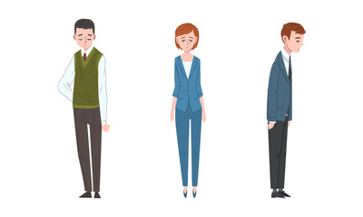 Sad and Frustrated Business People Character or Unhappy Office Worker Standing with Hang Head Vector Set
