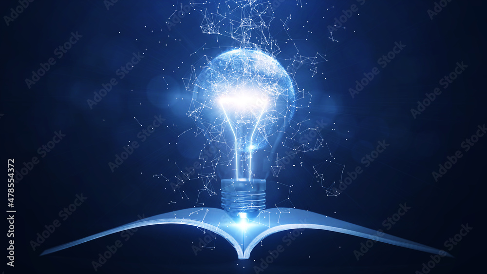 Aufkleber Learning from books or textbooks and the internet around the world creates new ideas. An interconnected polygon that surrounds a glowing light bulb with a book underneath. dark blue background.