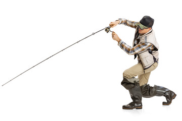 Portrait of young man, professional fisherman with fishing rod, spinning and equipment fishing isolated over white studio background