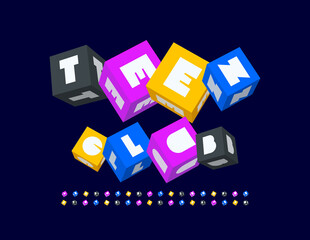 Vector trendy emblem Teen Club. Block style Font. Creative Cubic Alphabet Letters and Numbers set