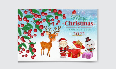 Christmas and New Year greeting card, celebration with snowman, Santa, deer, gift box,  winter landscape and fir forest. Hand painted  Christmas ball.  watercolor background. Christmas banner.